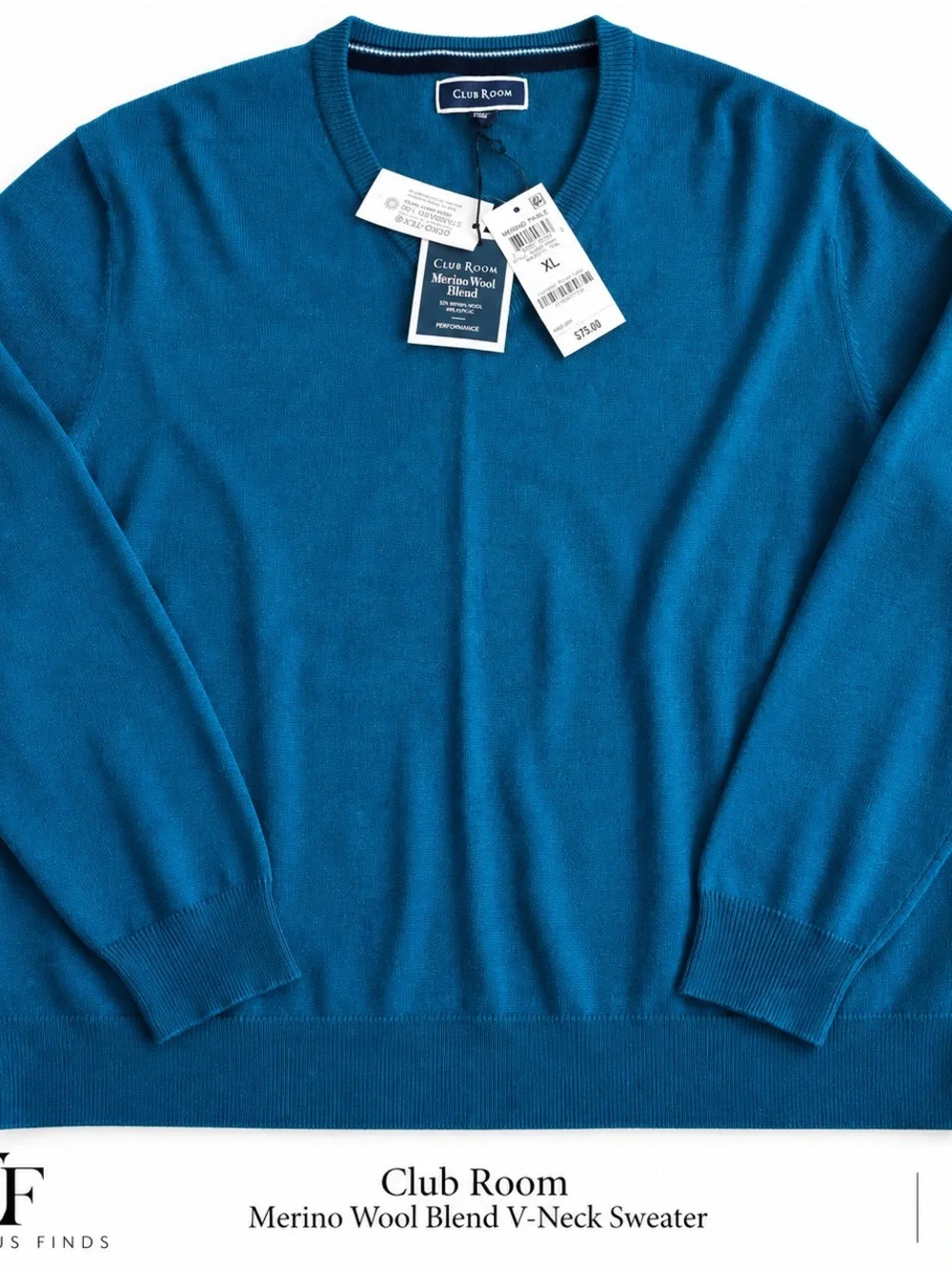 Club Room Men’s XL Merino Wool Blend V-Neck Sweater Majestic Teal NWT